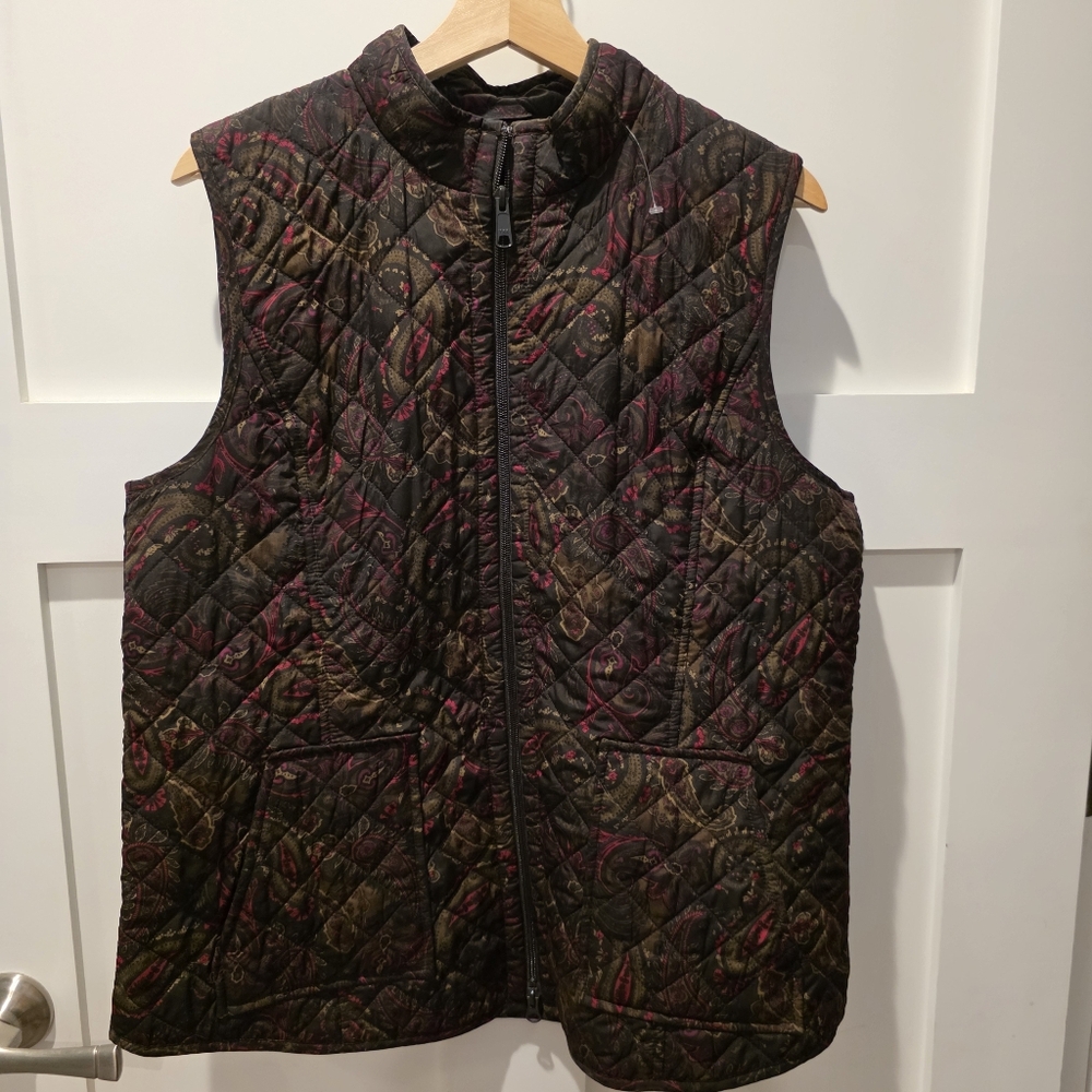 J Jill Heritage Quilted Vest  Paisley Lightweight Brown Green Maroon Large